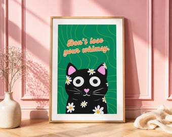 Black Cat Daisy Print | Whimsical Retro Wall Art (Digital Download)