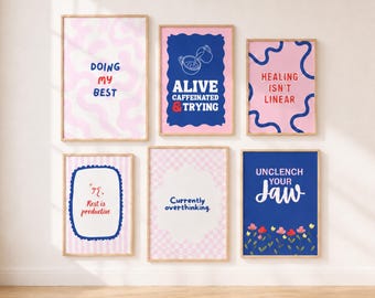 Mental Health Wall Art Bundle | Funny Therapy Quotes, Pink Blue Prints (Digital Download)