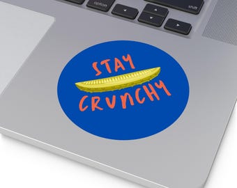 Pickle Slice Stay Crunchy Sticker | Round Vinyl Sticker, Blue Background