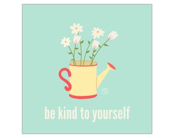 Be Kind To Yourself | Watering Can With Daisies Square Vinyl Sticker | Pastel Self-care Decal