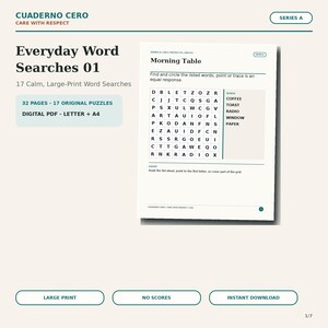 Puede incluir: Un libro digital de sopas de letras titulado Everyday Word Searches 01, que contiene 17 rompecabezas en letra grande en 32 páginas. La página muestra una cuadrícula para el rompecabezas Morning Table con una lista de palabras como Coffee, Toast, Radio, Window y Paper.