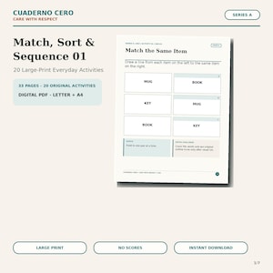 Puede incluir: Una hoja de actividades digital titulada Match, Sort & Sequence 01 de Cuaderno Cero. La página presenta un ejercicio de emparejamiento con palabras como MUG, BOOK y KEY en recuadros. Incluye instrucciones para trazar líneas entre elementos idénticos y notas para variaciones de dificultad.
