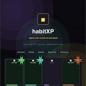 Può includere: Un'interfaccia digitale per il monitoraggio delle abitudini intitolata habitXP con sfondo scuro. Presenta un logo centrale, un elenco di funzioni tra cui XP System, Streaks, Rewards, Body Double, Emotion Log e quattro schede per le attività.