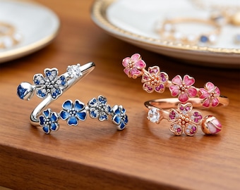 Bague fleur réglable en platine, motif floral, bijoux floraux en or rose, cadeau