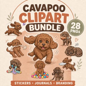 Clipartbundel van Cavapoo-puppy's, hondenafbeeldingen voor stickers, dagboeken en branding (digitale download)