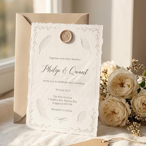 Feather Quill Wedding Invitation Template, Editable Canva 5x7, Deckle Edge Style, Romantic Vintage Invite