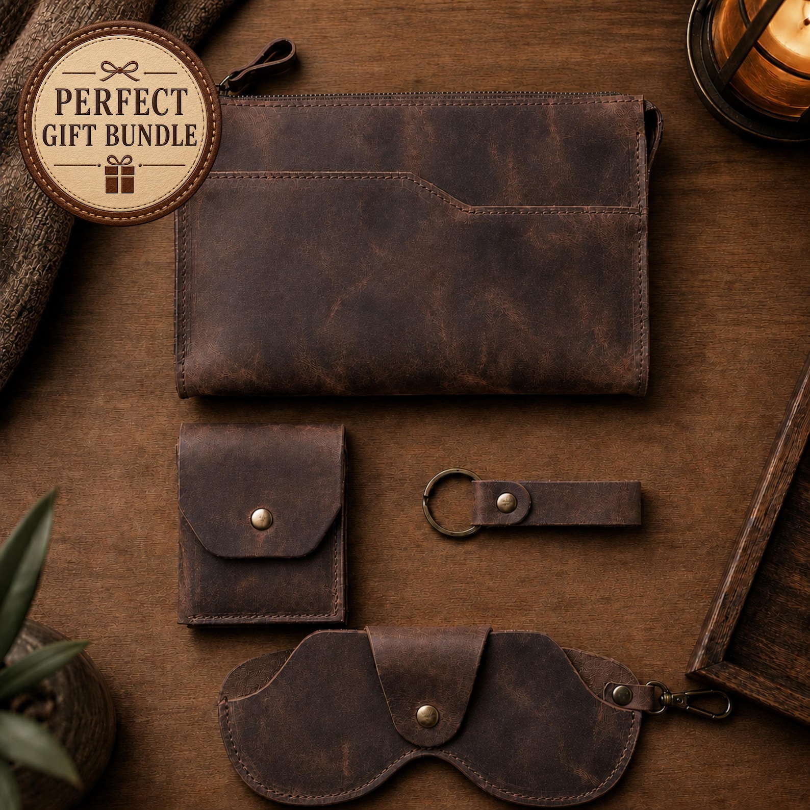 Personalized Genuine Leather 4-Piece Men's Gift Set, Toiletry Bag, Wallet, Keychain, Glasses Case