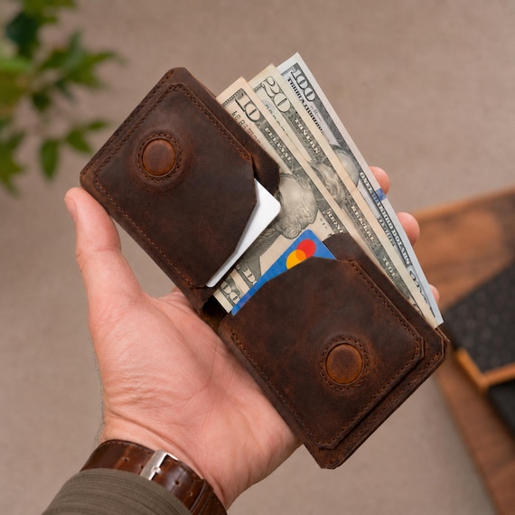 Personalized Leather Wallet for Men, Slim Magnetic Front Pocket Card Holder with Custom Engraving, Crazy Horse Leather