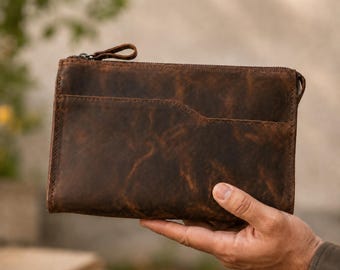 Personalized Leather Zipper Pouch, Men’s Clutch Bag, Custom Travel Organizer