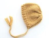 SALE | Classic Bonnet Newborn or Baby Knit with Braided Tassels Yellow Ochre Photography Prop Baby Wrap Sling Carry Babyshower Gift