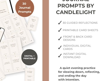 Sugestões para Escrita à Luz de Velas | 30 Cartões de Reflexão Noturna | Sugestões de Mindfulness para Imprimir