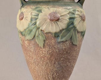 Vintage 1928 Roseville Pottery Dahlrose Vase #365-8" | Arts & Crafts Handled Art Deco Vessel