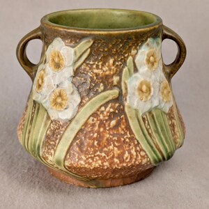 1931 Vintage Roseville Jonquil Art Pottery Vase, Small Handled Daffodil Vessel