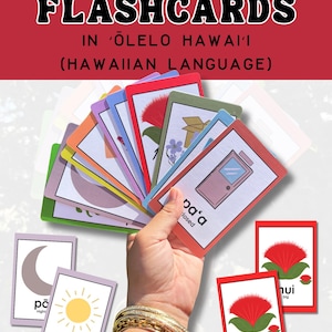 Pode incluir: Um conjunto de cartões educativos Opposites Flashcards em 'Ōlelo Hawai'i (língua havaiana) com bordas coloridas e ilustrações de conceitos como dia, noite, grande, pequeno e fechado, com palavras havaianas e traduções em inglês.