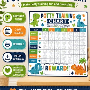 May include: A dinosaur-themed potty training chart featuring a 7-day tracker with rows for days of the week and columns numbered 1 through 7. The chart includes star icons for marking progress, a reward section, and colorful illustrations of various dinosaurs.