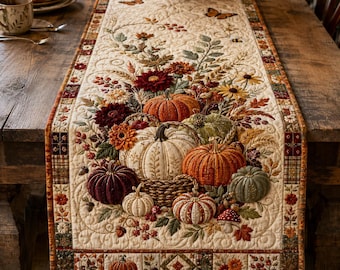 Printed Quilted-Style Table Runner, Autumn Pumpkin Thanksgiving Decor