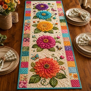 Levendige bloemenprint tafelloper in quiltstijl, patchwork zomerse eettafellinnen