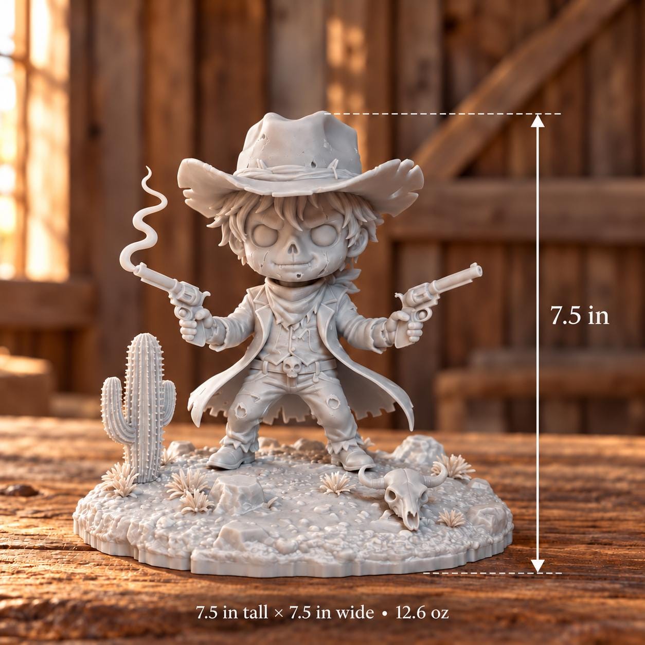 Zombie Cowboy Gunslinger Figurine, Unpainted Resin Western Statue, 7.5 Inch Collectible