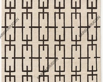 Hand Knotted Wool Rug, Ivory Brown Geometric, Moroccan Tribal Style Carpet