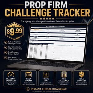 May include: A digital prop firm challenge tracker displayed on a laptop screen. The dashboard features columns for current balance, target balance, and remaining target. Below, a table tracks daily balance trends. Includes icons for dashboard, daily tracker, trade log, risk calculator, and rule checklist.