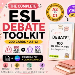 May include: A digital ESL debate toolkit featuring 200 cards for A2-C1 levels. The set includes 100 A2-B2 cards and 100 B2-C1 cards, available as a printable PDF and Canva editable files. The design includes text, icons, and educational branding.