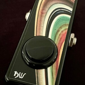 May include: Black foot pedal with a large black button and a colourful abstract design. The pedal has the letters "bw" printed on it.