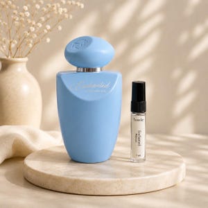 May include: A light blue perfume bottle with a matching cap and the text Enchanted Mykonos, accompanied by a small clear 5 mL sample vial labeled huele Enchanted Mykonos, both positioned on a round, light-colored stone surface.