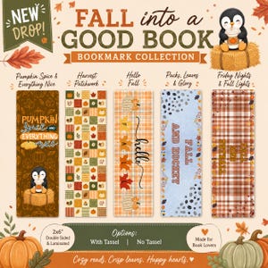 Peut inclure: Une collection de cinq marque-pages rectangulaires aux motifs automnaux, incluant un pingouin sur du foin, du patchwork, des carreaux et du hockey. Le texte indique "FALL into a GOOD BOOK", "Pumpkin Spice & Everything Nice", "Harvest Patchwork", "Hello Fall", "Pucks, Leaves & Glory" et "Friday Nights & Fall Lights".