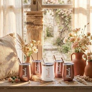 Op de afbeelding: Vijf bekers zonder voet met deksels en rietjes, vier in een metallic roségouden afwerking en één in mat wit. Elke beker is voorzien van de naam Pamela in een wit cursief lettertype. De bekers staan op een houten ondergrond met bloemen.