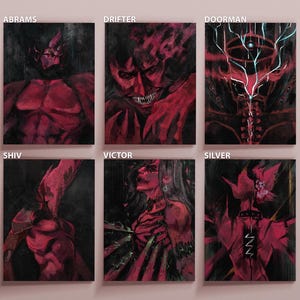 Peut inclure: Un ensemble de six impressions d'art rectangulaires présentant des illustrations sombres aux tons rouges de figures humanoïdes. Les impressions sont étiquetées Abrams, Drifter, Doorman, Shiv, Victor et Silver. Chaque pièce montre un personnage unique avec des traits marqués, un travail au pinceau texturé et une palette de couleurs cramoisies sur des fonds sombres.