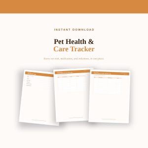 Może przedstawiać: Cyfrowy zestaw dokumentów Pet Health & Care Tracker składający się z trzech białych stron z pomarańczowymi nagłówkami. Tekst zawiera: INSTANT DOWNLOAD, Pet Health & Care Tracker, Every vet visit, medication, and milestone, in one place, Pet Profile Page, Vaccination & Vet Visit Log oraz Daily Food & Water Intake Log.