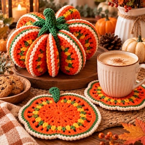 Schema PDF per sottobicchiere a forma di zucca all'uncinetto, set di sottobicchieri 3D a forma di zucca con supporto, decorazione per la tavola autunnale, di Halloween e del Ringraziamento, download immediato.