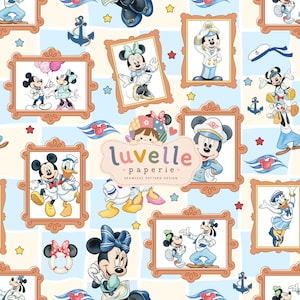 Op de afbeelding: Een naadloos patroonontwerp met Disney-figuren in nautische outfits in sierlijke bruine kaders. De achtergrond is een lichtblauw en wit ruitjespatroon met kleine sterren, ankers en reddingsboeien. De tekst luidt luvelle paperie.