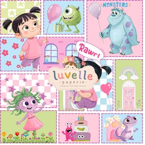 May include: A digital illustration sheet featuring cartoon characters including a girl with black pigtails, a green one-eyed monster, a blue furry monster, and a purple creature. Includes text: Monsters, Rawr!, and luvelle paperie seamless pattern design.