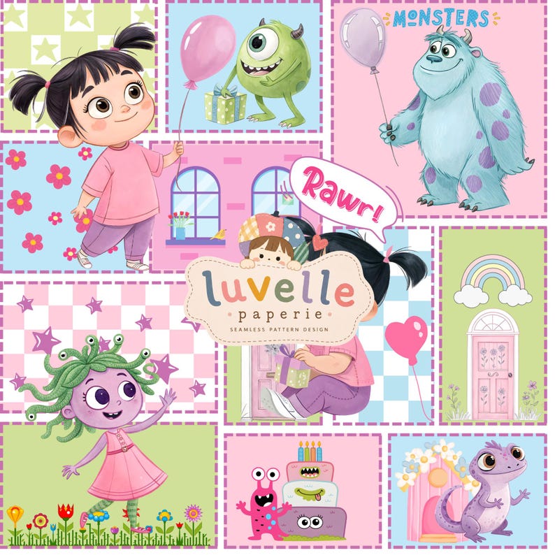 Monster Patchwork Seamless Pattern, Pastel Kids Digital Paper, Nursery Wallpaper (Digital Download)