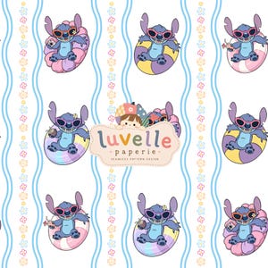 May include: A seamless pattern design featuring the blue character Stitch wearing sunglasses and floating in colorful inner tubes, interspersed with vertical wavy light blue lines and small yellow and pink flowers, with the text luvelle paperie.