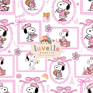 May include: A seamless pattern design featuring Snoopy wearing a pink beret and coat in various poses, including holding a croissant, painting, and sitting on luggage. The design includes pink gingham frames, bows, flowers, and the text luvelle paperie.