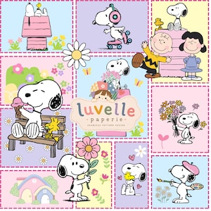 May include: A digital pattern design featuring Snoopy and Woodstock in various scenes, including roller skating, eating ice cream, and holding flowers. The graphic includes a central logo with the text luvelle paperie seamless pattern design.