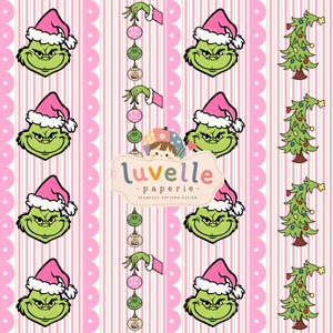 May include: A seamless pattern design featuring a repeating green character wearing a pink Santa hat, a string of ornaments held by a green hand, and a stylized Christmas tree. The background has vertical pink stripes and white dots. Text reads luvelle paperie.