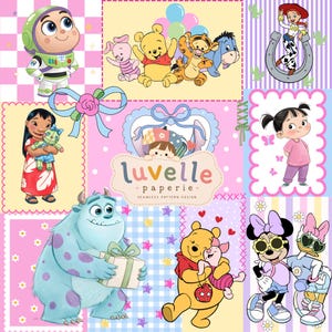 May include: A digital seamless pattern design featuring various cartoon characters including Buzz Lightyear, Winnie the Pooh, Tigger, Eeyore, Lilo, Boo, Sulley, Minnie Mouse, and Daisy Duck. The text luelle paperie seamless pattern design is centered.