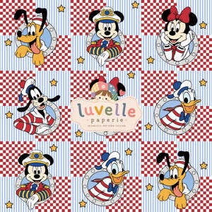 May include: A seamless pattern design featuring Disney characters Pluto, Mickey Mouse, Minnie Mouse, Goofy, and Donald Duck in nautical outfits within portholes, set against a red and white checkered and blue striped background with yellow stars.