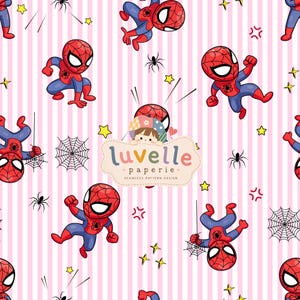 May include: A seamless pattern design featuring cartoon Spider-Man characters in red and blue suits, black spiders, spider webs, and yellow stars on a light pink vertical striped background, with a central logo reading luvelle paperie.