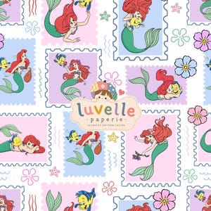 May include: A seamless pattern design featuring a repeating motif of postage stamp-shaped frames containing illustrations of a red-haired mermaid and a yellow fish. The background includes small pink and blue flowers, starfish, and the text luvelle paperie.