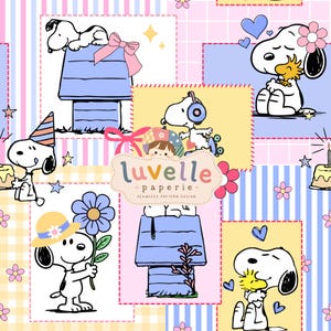 May include: A seamless pattern design featuring Snoopy and Woodstock in various activities, including sitting on doghouses, wearing hats, and holding flowers. The background consists of pastel striped and checkered panels with the text luvelle paperie.