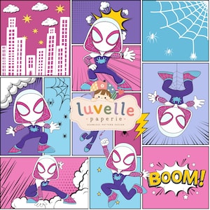 May include: A comic book style seamless pattern featuring a character in a purple and white hooded suit with pink accents. The design includes cityscapes, spider webs, and the text 'luvelle paperie' and 'BOOM!' in vibrant pink, blue, and purple panels.