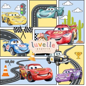 May include: A digital illustration featuring multiple cartoon race cars in various colors including red, yellow, blue, and purple, set against a grid of road tracks, cacti, traffic lights, and checkered flags. The center displays the text luvelle paperie.