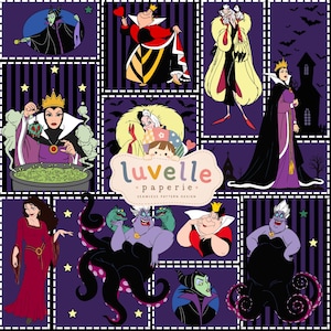 May include: A seamless pattern design featuring various animated villains on a purple and black striped background. The central logo reads luvelle paperie seamless pattern design. Characters include Maleficent, the Queen of Hearts, Cruella de Vil, the Evil Queen, Mother Gothel, and Ursula.
