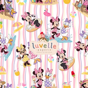 May include: A seamless pattern design featuring Minnie Mouse and Daisy Duck in summer beach attire, including swimsuits, sunglasses, and donut floats. The background consists of vertical wavy pink and white stripes with beach icons.