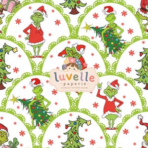 May include: A seamless pattern design featuring the green Grinch character wearing a red Santa hat and coat, decorated Christmas trees, and red snowflakes on a white background. The center includes the text luvelle paperie.