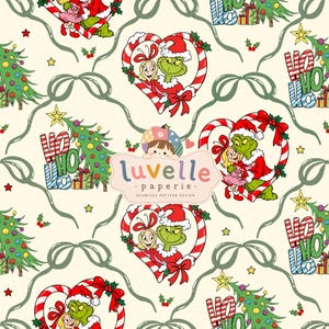 May include: A seamless pattern design featuring a green character and a blonde girl inside a candy cane heart, decorated Christmas trees, and the text HO HO HO. The central logo reads luvelle paperie seamless pattern design.